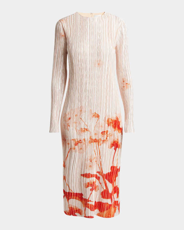 Floral-Print Plisse Silk Long-Sleeve Midi Dress